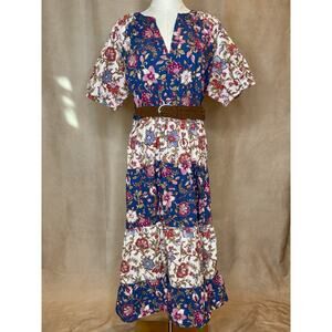 Harlow & Rose Boho Floral Midi Dress Belted Cotton India Size L
